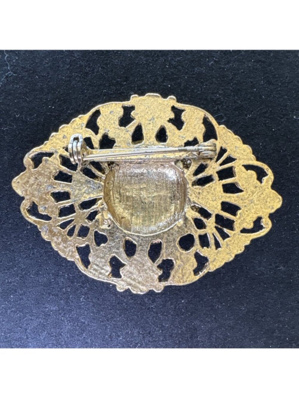 Vtg Gold-Tone Brooch Blue Faceted Glass Stone Faux Pearl Accents Floral Filigree - Picture 5 of 11